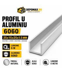 Profil U aluminiu 25 x 15 x 25 x 1.5 mm, 6 metri